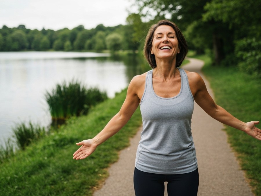 Ein aktiver Erwachsener mittleren Alters macht Yoga im Freien in einer grünen Landschaft in Bad Waldsee, symbolisiert Beweglichkeit.