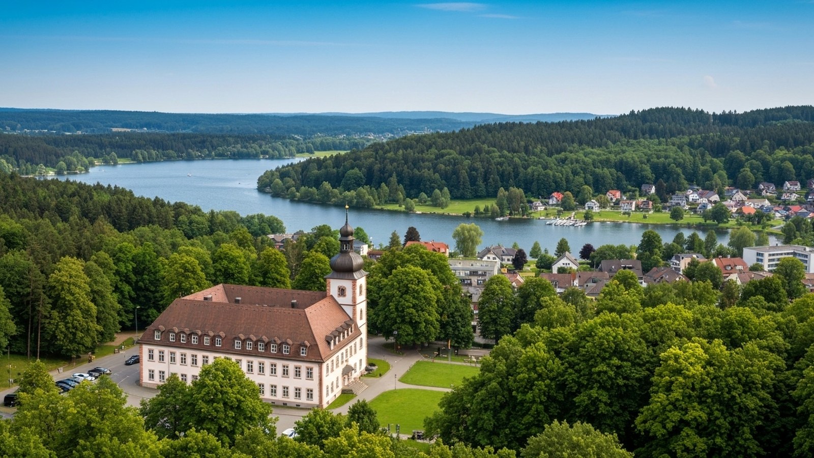 Blick auf Bad Waldsee mit Menschen, die sich aktiv in der Natur bewegen, symbolisiert Gesundheit und Gemeinschaft.